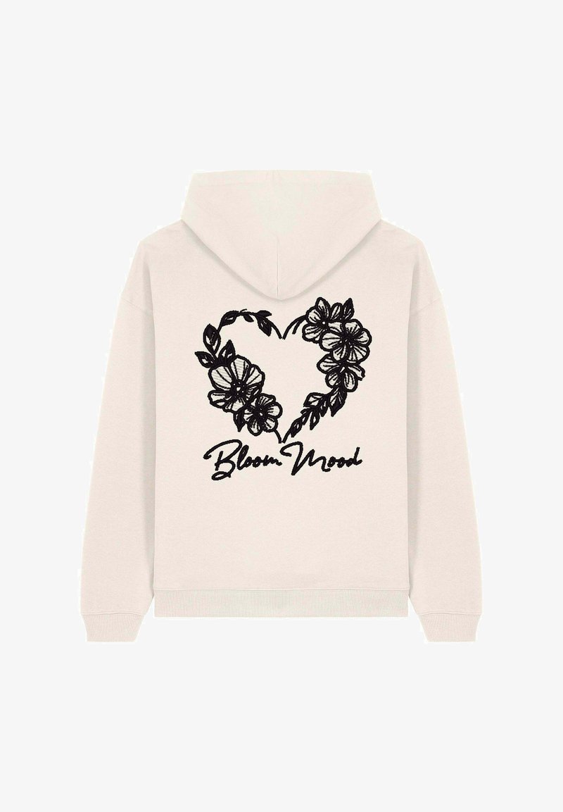 Mikina s kapucí v světle béžové barvě, s černým květinovým srdcem a nápisem "Bloom Mood" na zadní straně. Měkká tkanina, volný střih.