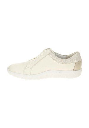 White low-top lace-up sneaker with textured beige collar and speckled white sole, viewed from the outer side.