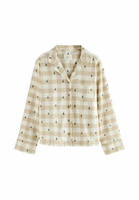 Beige rutigt skjorta med grönt trädmönster, långa ärmar, skärskollärp, knäppning fram och en bröstficka. Mjuk, lättviktig tyg.