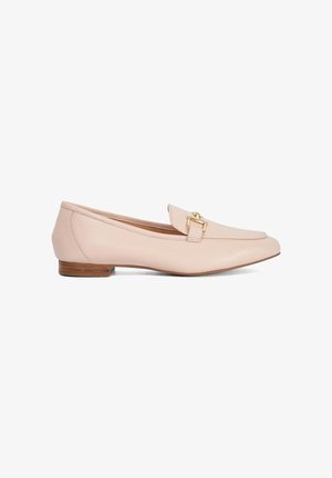 Beige leather flat loafer with a pointed toe, low wooden heel, and gold buckle detail on top.