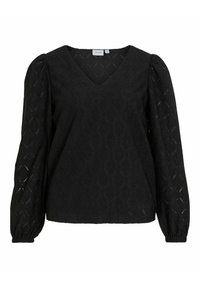 Maglietta nera con scollatura a V, tessuto testurizzato con motivo a diamante e lunghi maniche a sbuffo raccolte ai polsi.