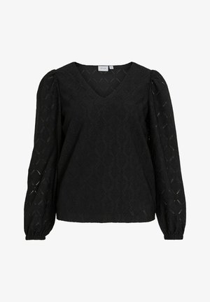 Top negro con escote en V, tejido texturizado con un patrón de diamantes y largas mangas abullonadas recogidas en los puños.