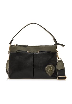 Sac bandoulière noir et vert olive avec un extérieur texturé, deux poches avant, quincaillerie dorée et bandoulière amovible.