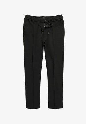 Pantalon noir ajusté avec taille élastique, fermeture éclair et bouton à l'avant, cordon de serrage et poches latérales.
