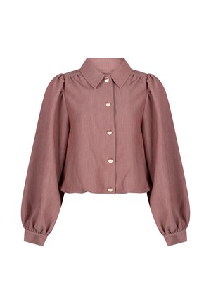 Lila cropped blouse met opgepofte lange mouwen, knoopsluiting aan de voorkant, puntige kraag en geplooide manchetten.
