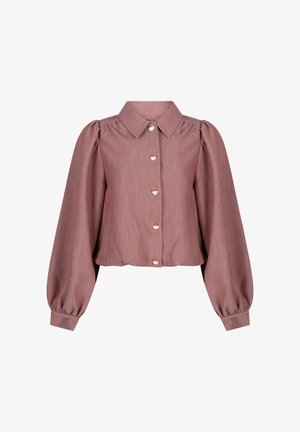 Blouse courte mauve avec manches longues bouffantes, devant boutonné, col pointu et poignets froncés.
