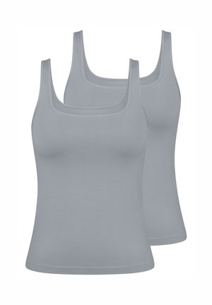 To grå tanktops lavet af blødt stof. Rund halsudskæring, brede skulderstropper og et tætsiddende design med en glat tekstur.