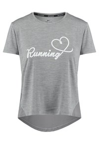 Szary, sportowy T-shirt z okrągłym dekoltem, krótkimi rękawami i luźnym krojem. Grafika "Bieganie!" w kolorze białym, siateczkowe akcenty po bokach.