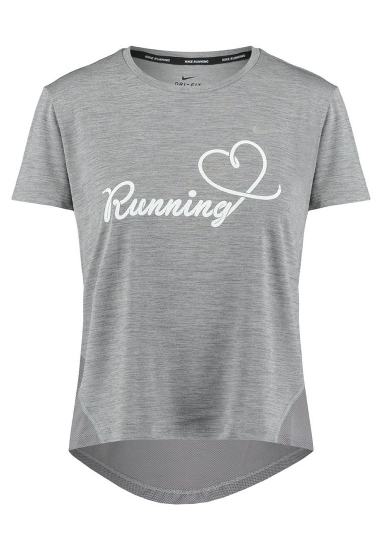 Szary, sportowy T-shirt z okrągłym dekoltem, krótkimi rękawami i luźnym krojem. Grafika "Bieganie!" w kolorze białym, siateczkowe akcenty po bokach.