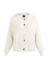 Cardigan crema realizzato in tessuto morbido, caratterizzato da un colletto tondo, maniche lunghe e grandi bottoni neri lungo la parte anteriore per la chiusura.