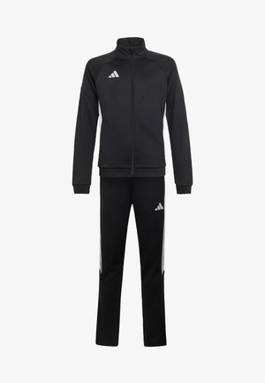 Chándal negro de Adidas con chaqueta con cremallera completa y pantalones, con rayas blancas a los lados y logo de Adidas en el pecho y el muslo.