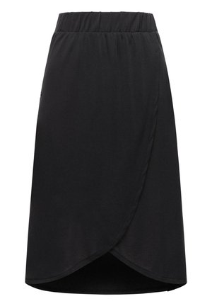 Gonna nera avvolgente realizzata in tessuto morbido, caratterizzata da una vita alta, design senza cuciture e orlo asimmetrico per una silhouette moderna.