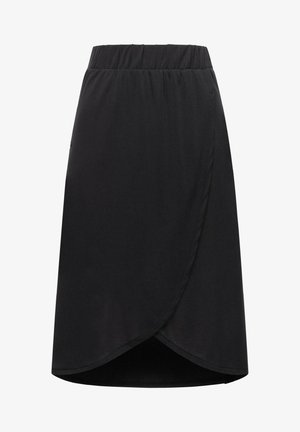 Gonna nera avvolgente realizzata in tessuto morbido, caratterizzata da una vita alta, design senza cuciture e orlo asimmetrico per una silhouette moderna.