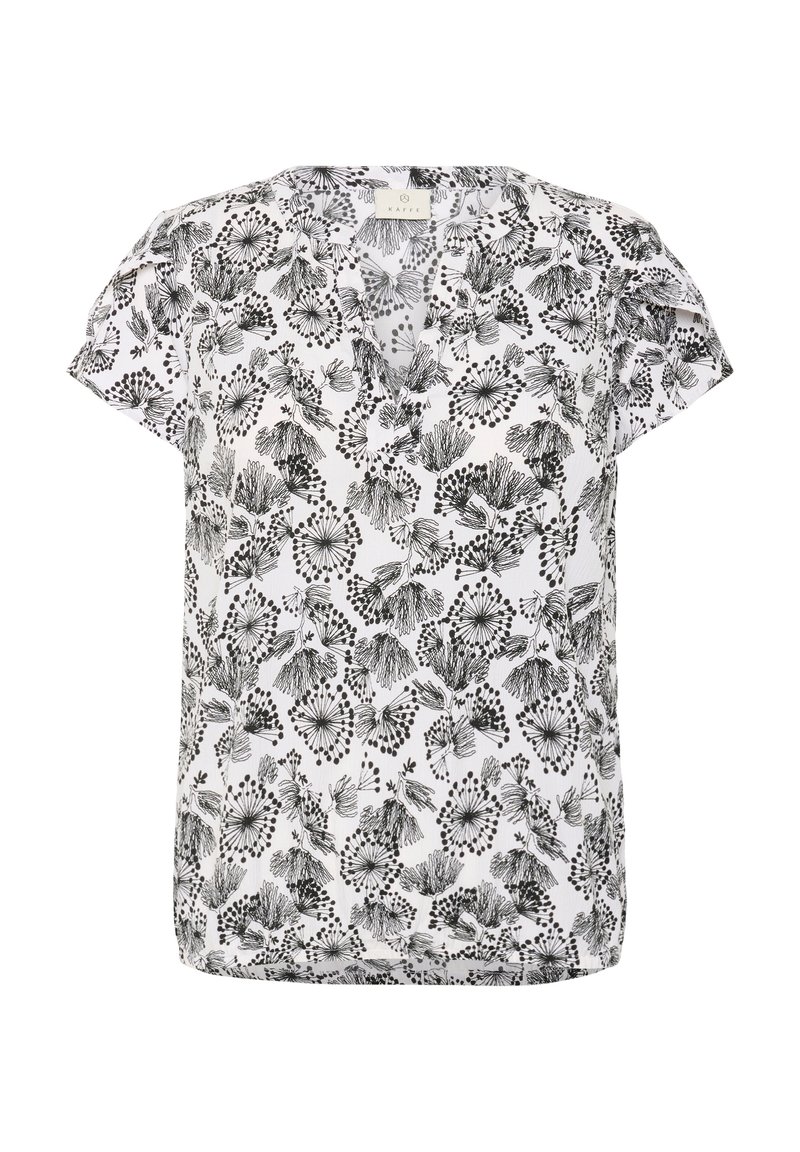 Blouse blanche manches courtes avec motif floral botanique noir et col en V, réalisée en tissu léger.