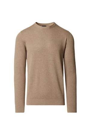 Beżowy długi sweter z dzianiny z wzorem w romby, z okrągłym dekoltem oraz ściągaczami na mankietach i dole.