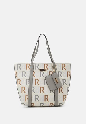 Beige Tragetasche mit grauen Griffen, gemustert mit mehrfarbigen "R"-Buchstaben, ausgestattet mit einer befestigten grauen Geldbörse und goldenen Beschlägen.