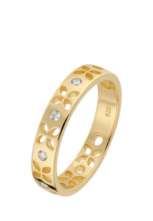 Goldfarbener Ring mit blattförmigen Aussparungen und kleinen, rund angeordneten klaren Steinen, gleichmäßig um das Band verteilt, innen mit 925 gestempelt.