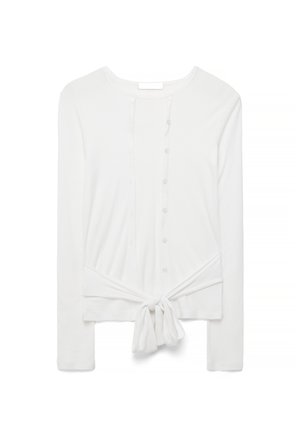 Biały, długi sweter na guziki z długim rękawem, okrągłym dekoltem i wiązaniem z przodu w talii.