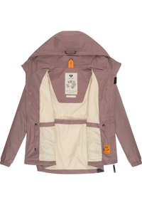 Ljust lila, vattentålig jacka med huva och elastiska ärmslut. Krämfärgad foder, innerfickor och orange detalj. Frontdragkedja.