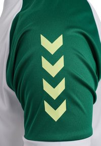 Grøn sportstrøje-sektion med struktureret materiale, korte hvide ærmer og tre gule chevron-accents på skuldrene.