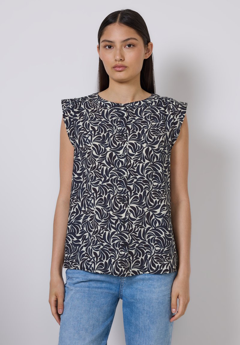 Blusa navy con motivo a foglie, maniche a cappuccio e chiusura a bottoni. Realizzata in tessuto leggero, presenta una vestibilità comoda e una texture delicata.