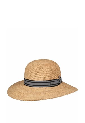 Wide-brimmed woven straw hat with a black and white striped ribbon band and a small round metal detail on the side.