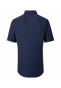 Kortemouwen marineblauw shirt met een klassieke kraag, een gladde textuur en een rechte zoom. Heeft een schoon, minimalistisch ontwerp zonder zichtbare patronen.