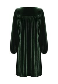 Dunkelgrünes Samtkleid mit lockerer Passform, puffärmel und gerafftem Rückendetail. Sanfte Textur und glatte Oberfläche.