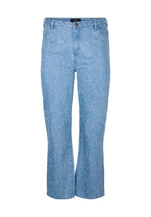 Vaqueros de mezclilla azul claro con un patrón floral, diseño de pierna recta, estilo de cinco bolsillos y una cinturilla que presenta un botón de metal y una etiqueta de la marca.