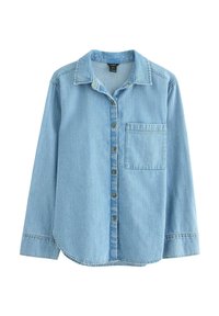 Lyseblå denimskjorte med knapper, lange ærmer, spidst krave, en enkelt brystlomme og afrundet bundkant.