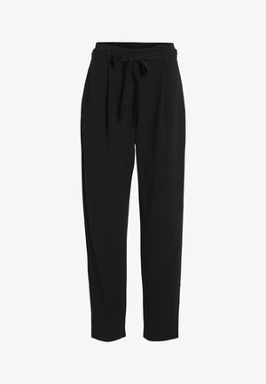Czarne spodnie z wysokim stanem, z paskiem wiązanym, fałdami i zwężanym krojem, wykonane z miękkiego materiału.