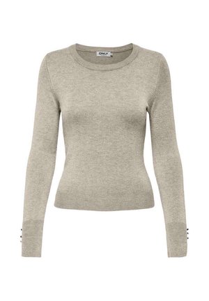 Pull ajusté gris clair en tissu tricoté doux, avec un col rond, des manches longues et des boutons décoratifs aux poignets.