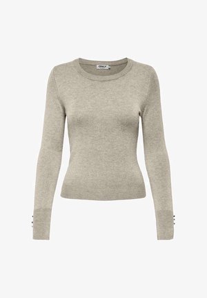 Pull ajusté gris clair en tissu tricoté doux, avec un col rond, des manches longues et des boutons décoratifs aux poignets.