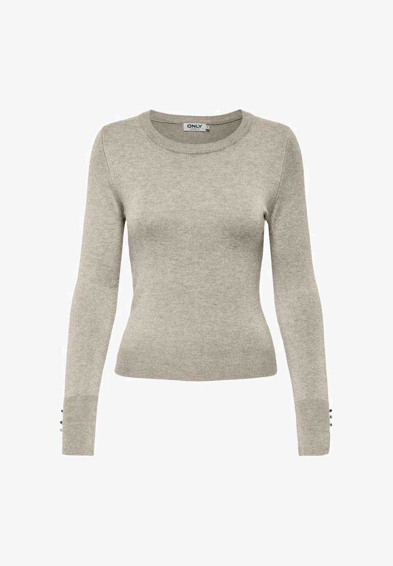 Pull ajusté gris clair en tissu tricoté doux, avec un col rond, des manches longues et des boutons décoratifs aux poignets.