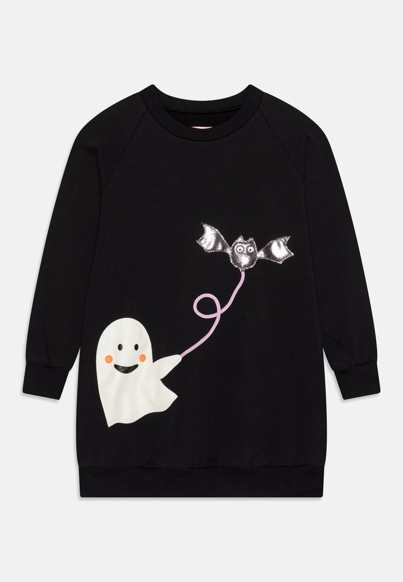 Robe noire à manches longues avec un fantôme souriant tenant une ficelle rose attachée à une chauve-souris argentée sur le devant.