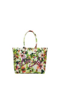 Borsa a tracolla floreale con un vivace motivo di fiori verdi e rosa, dotata di due robuste maniglie e un logo viola prominente sulla parte anteriore.