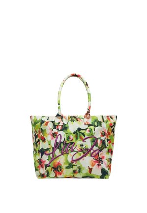 Borsa a tracolla floreale con un vivace motivo di fiori verdi e rosa, dotata di due robuste maniglie e un logo viola prominente sulla parte anteriore.