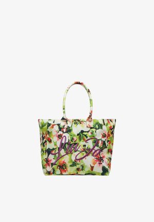 Borsa a tracolla floreale con un vivace motivo di fiori verdi e rosa, dotata di due robuste maniglie e un logo viola prominente sulla parte anteriore.