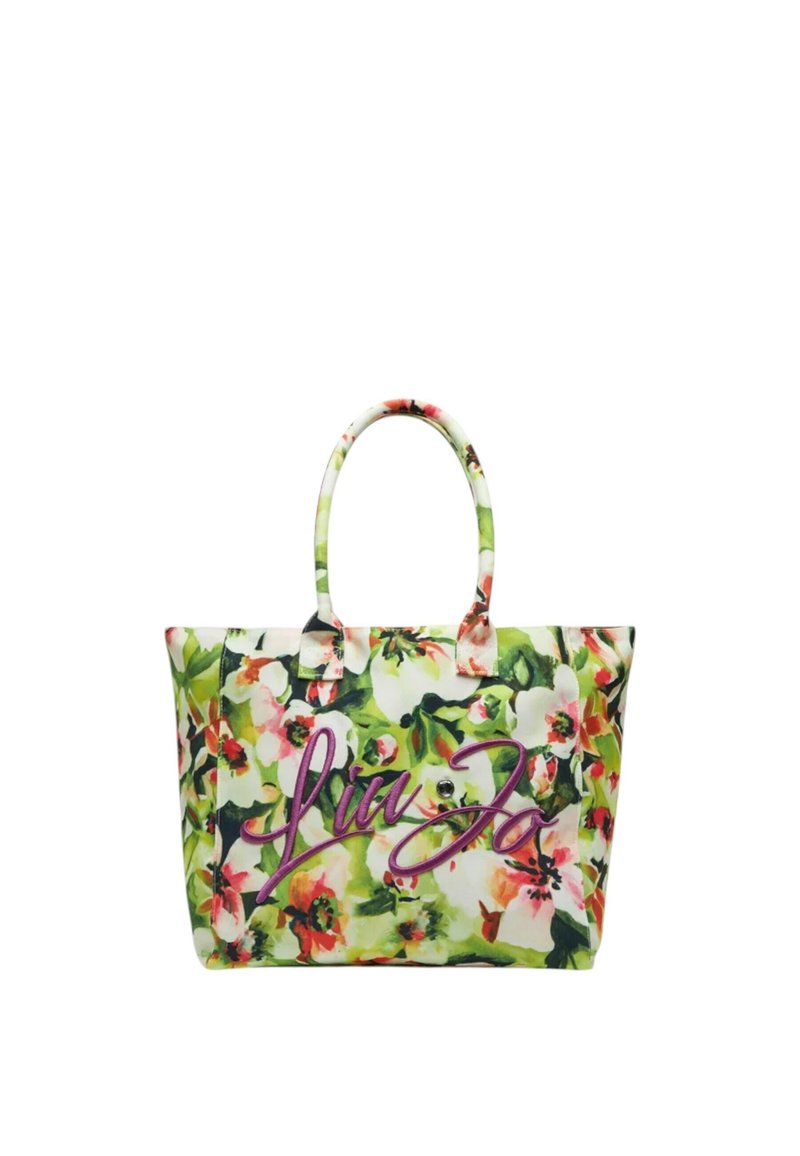 Borsa a tracolla floreale con un vivace motivo di fiori verdi e rosa, dotata di due robuste maniglie e un logo viola prominente sulla parte anteriore.