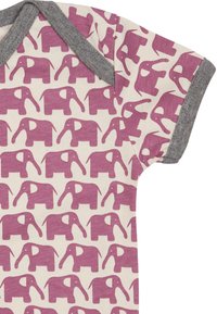 Korte mouwen romper in crème met paars olifantpatroon, grijze afwerking rond de halslijn en mouwen, zachte katoenstof, speelse stijl.