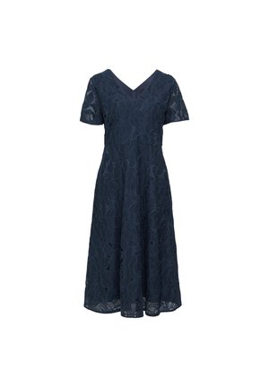 Robe en dentelle bleu marine à manches courtes, décolleté en V et jupette évasée. Dotée d'un motif floral et d'un tissu texturé.