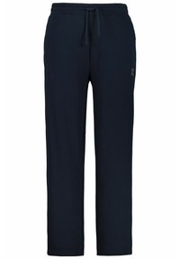 Navy blue sweatpants made of soft fabric, featuring an elastic waistband with adjustable drawstring and side pockets. Gold logo detail present.