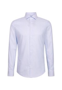 Camicia a maniche lunghe a righe in blu chiaro e bianco, con colletto classico, chiusura frontale con bottoni e polsini con bottoni, dal tessuto morbido.