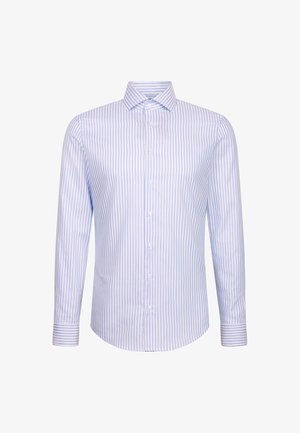 Chemise à rayures à manches longues en bleu clair et blanc, avec un col classique, des boutons sur le devant et des poignets à boutons, le tout dans une texture lisse.