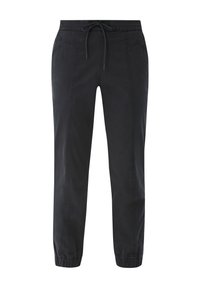 Pantalon jogging noir fuselé en coton doux. Comprend une taille élastique avec cordon de serrage, des poches latérales et des bas élastiques.