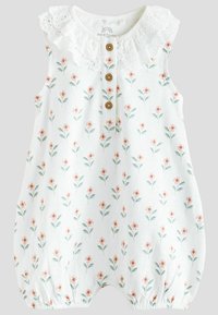 White romper with a floral pattern featuring pink flowers and green leaves. Lace-trimmed collar and wooden button placket at the front.