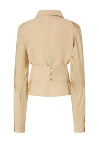 Bež jakna do pola s dugim rukavima, ovratnikom i detaljem na leđima s dugmadi, izrađena od glatkog, laganog tekstila.