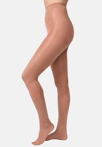 Przeźroczyste, cieliste rajstopy o gładkiej fakturze, z wysokim stanem i dopasowanym krojem, zakrywające nogę od talii aż po palce.