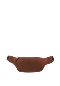 Marsupio in pelle marrone con una texture liscia, design curvo e scomparto con cerniera. Presenta una tracolla in tessuto regolabile.