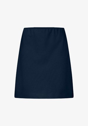 Tumesinine lihtne A-lõikeline seelik, sirge äärega ja siledast tekstuurist, esitatud valgel taustal.